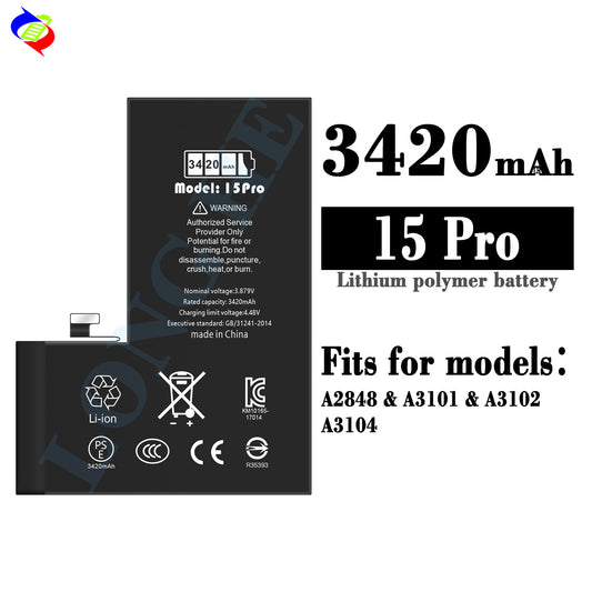 For iPhone 15 Pro High Capacity Run Diagnostic Battery 3420mAh (SKU: 10867)