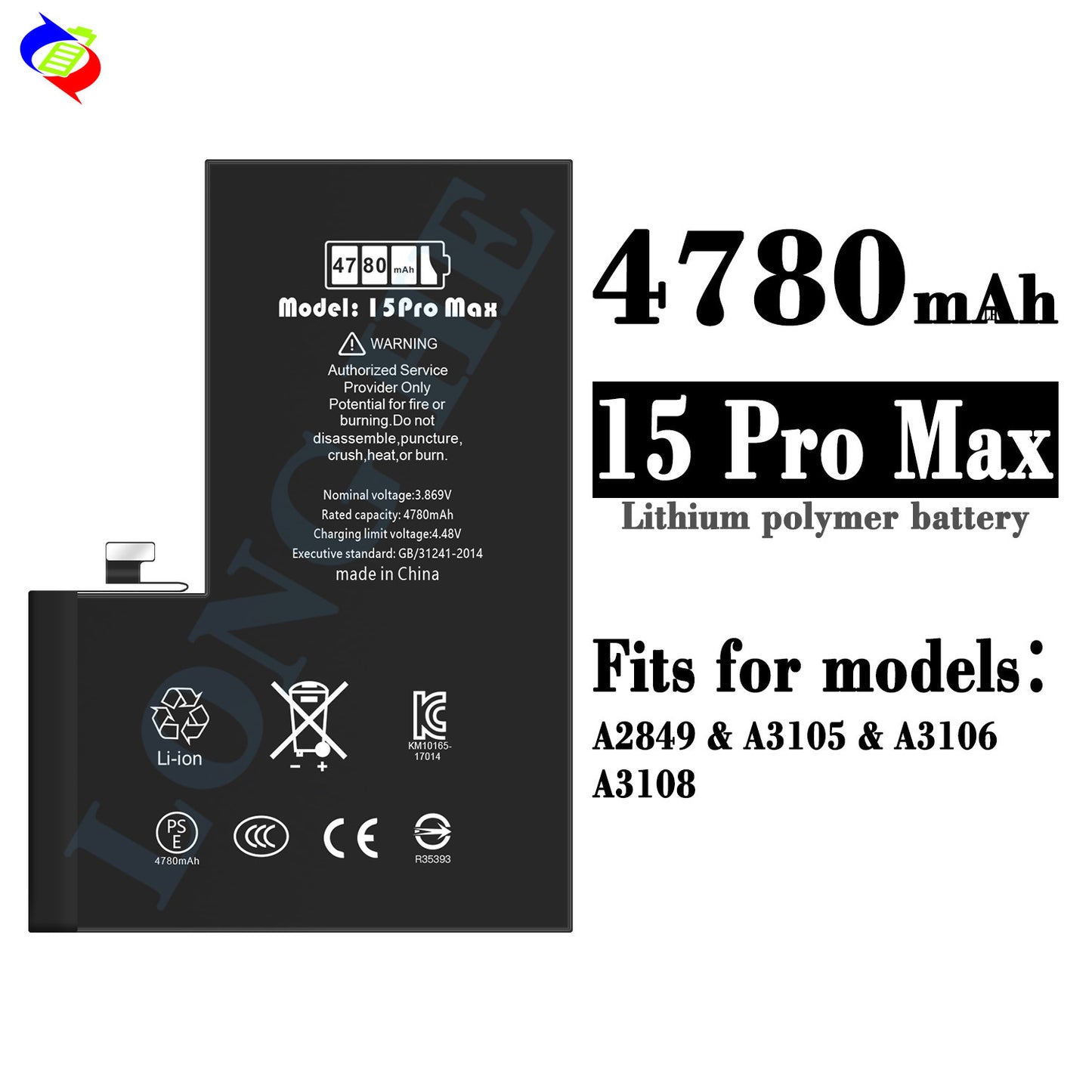 For iPhone 15 Pro Max High Capacity Run Diagnostic Battery 4780mAh (SKU: 10869)
