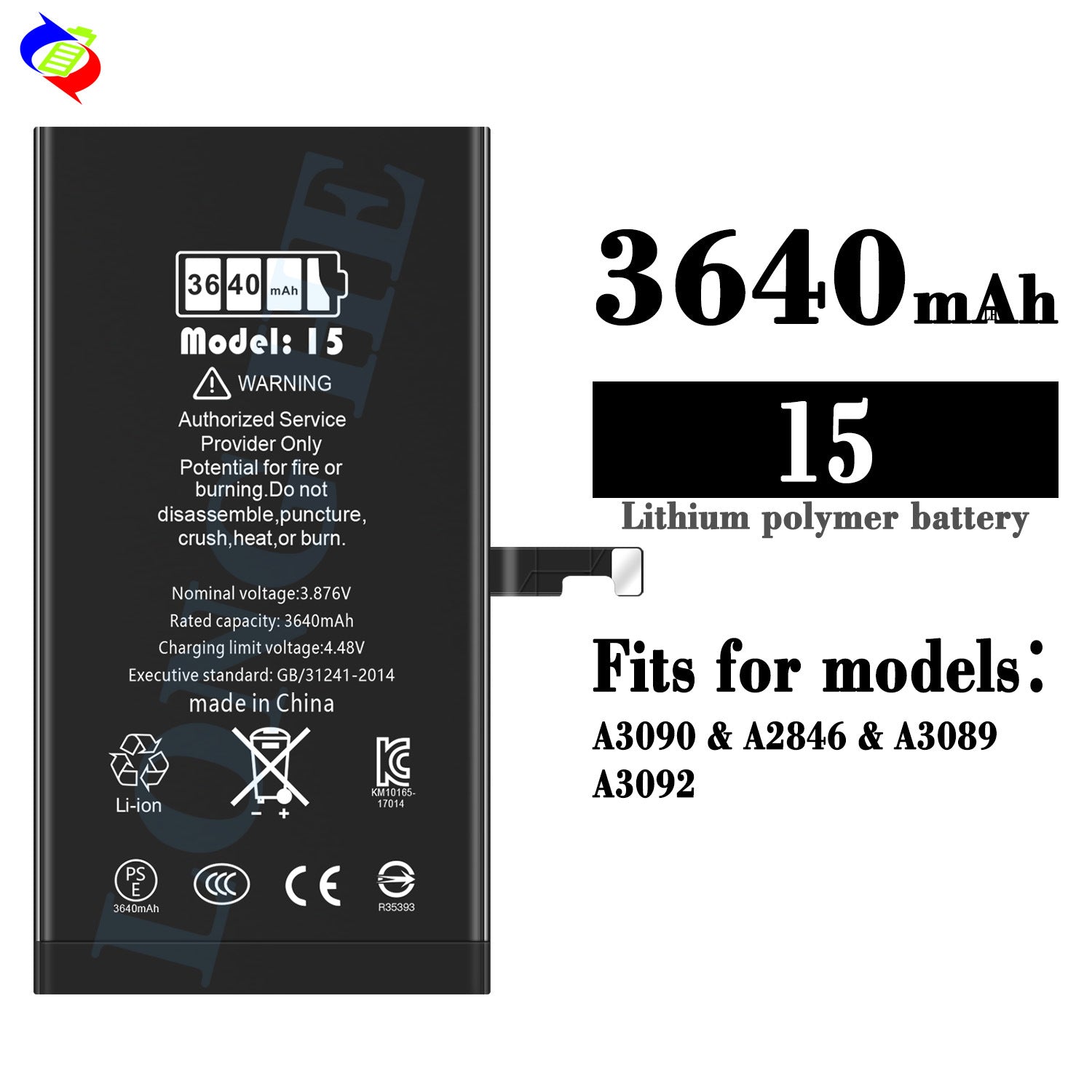 For iPhone 15 High Capacity Run Diagnostic Battery 3640mAh (SKU: 10863)
